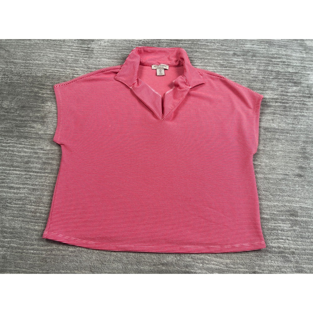 Martha Stewart Top Womens L Pink Striped Split Neck Cap Sleeve Casual Polo 30837